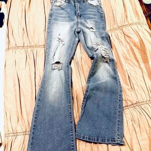 SHEIN Light Blue Distressed Flare Jeans